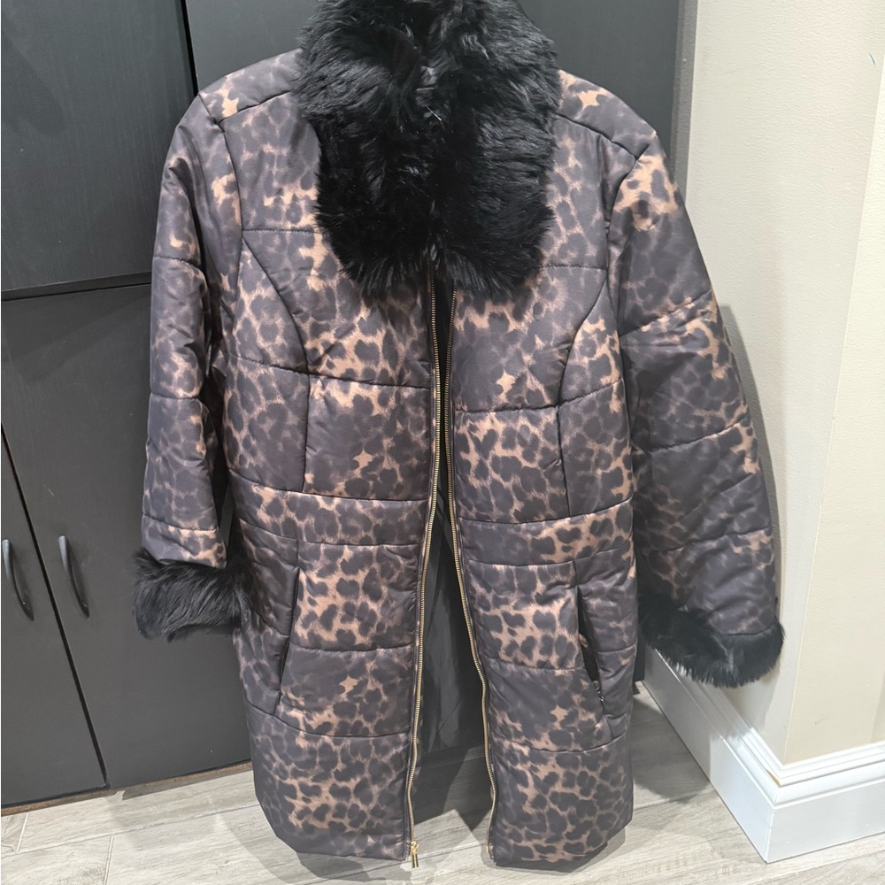 Susan Graver Cheetah Puffer Jacket with Faux Fur Trim